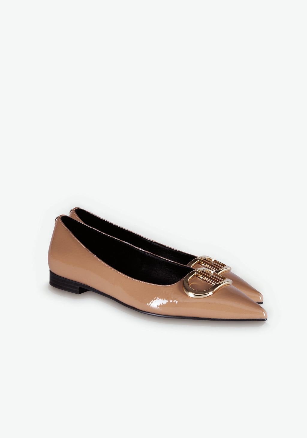 Patent Leather Pointed Toe Flats with Gold Buckle