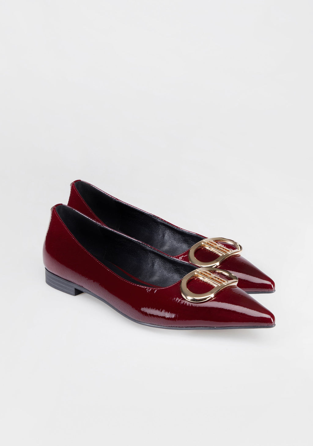 Patent Leather Pointed Toe Flats with Gold Buckle