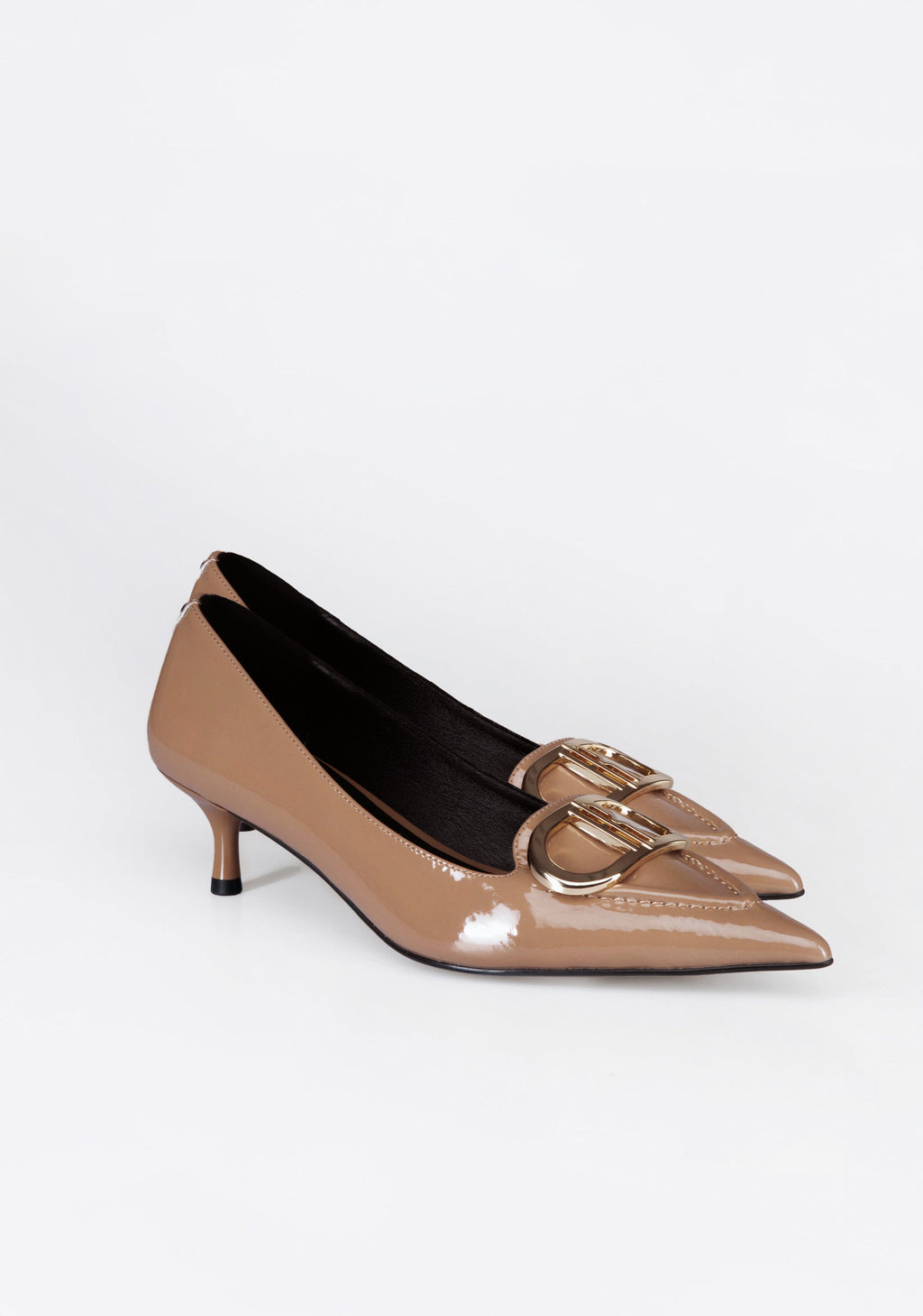 Patent Leather Kitten Heel Pumps with Iconic Buckle