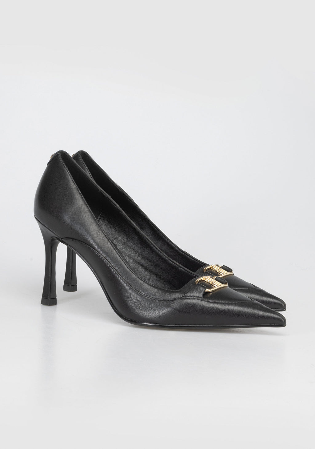 Leather High-Heel Pumps with Gold Buckle Detail