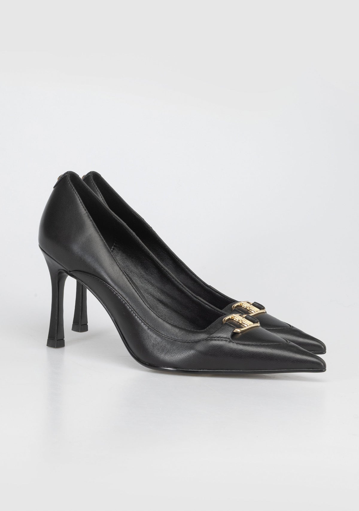 Leather High-Heel Pumps with Gold Buckle Detail