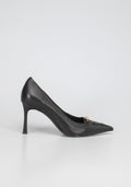 Leather High-Heel Pumps with Gold Buckle Detail