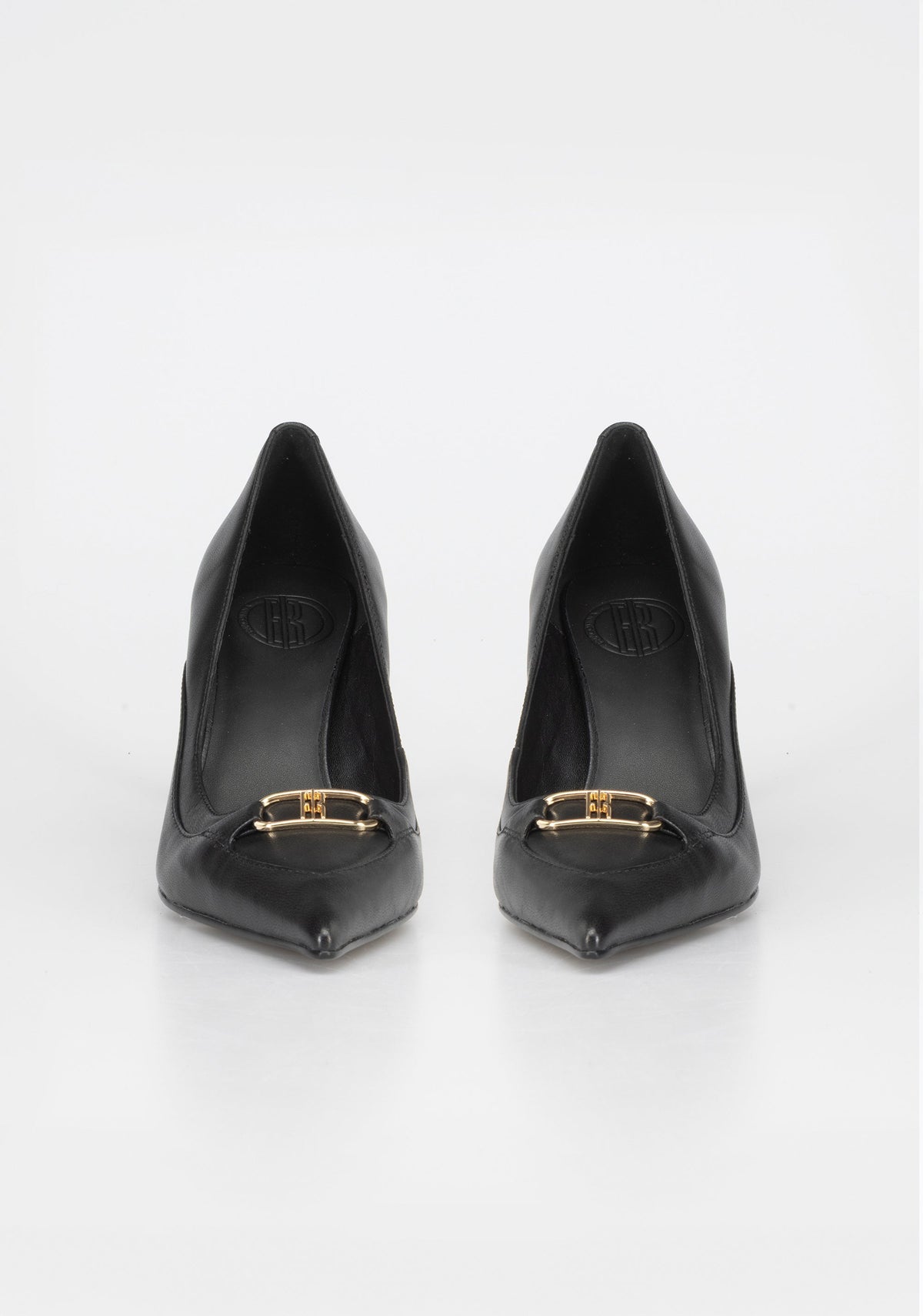 Leather High-Heel Pumps with Gold Buckle Detail