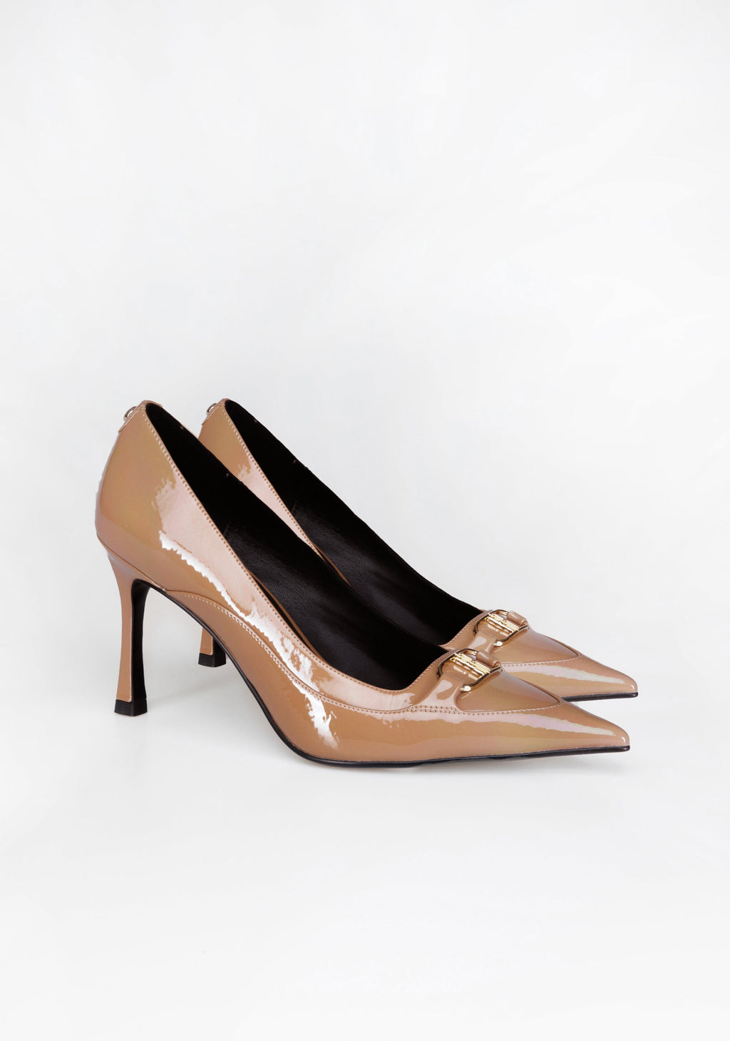 Pointed-Toe Patent Pumps with High Heel and Iconic Buckle