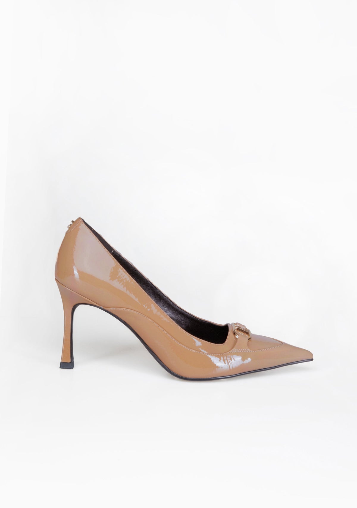 Pointed-Toe Patent Pumps with High Heel and Iconic Buckle