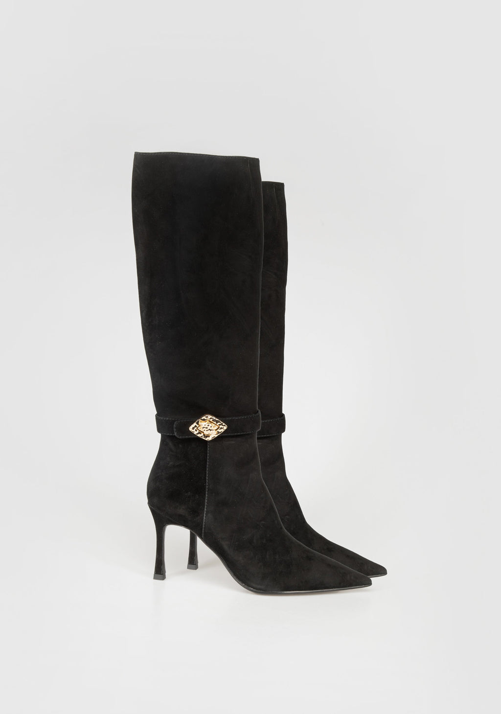 Suede Knee-High Boots with Heel and Jewel Buckle