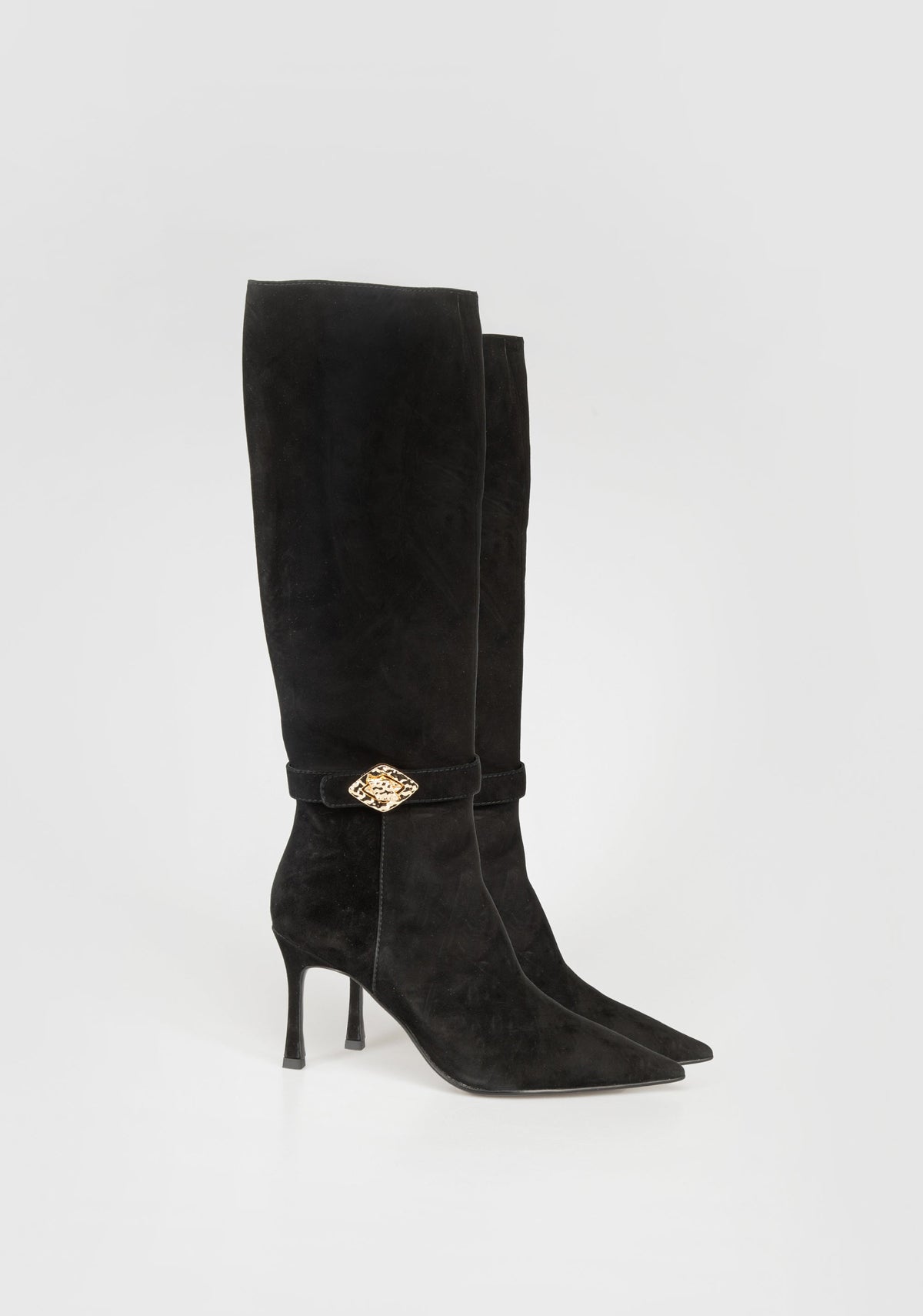 Suede Knee-High Boots with Heel and Jewel Buckle