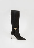 Suede Knee-High Boots with Heel and Jewel Buckle