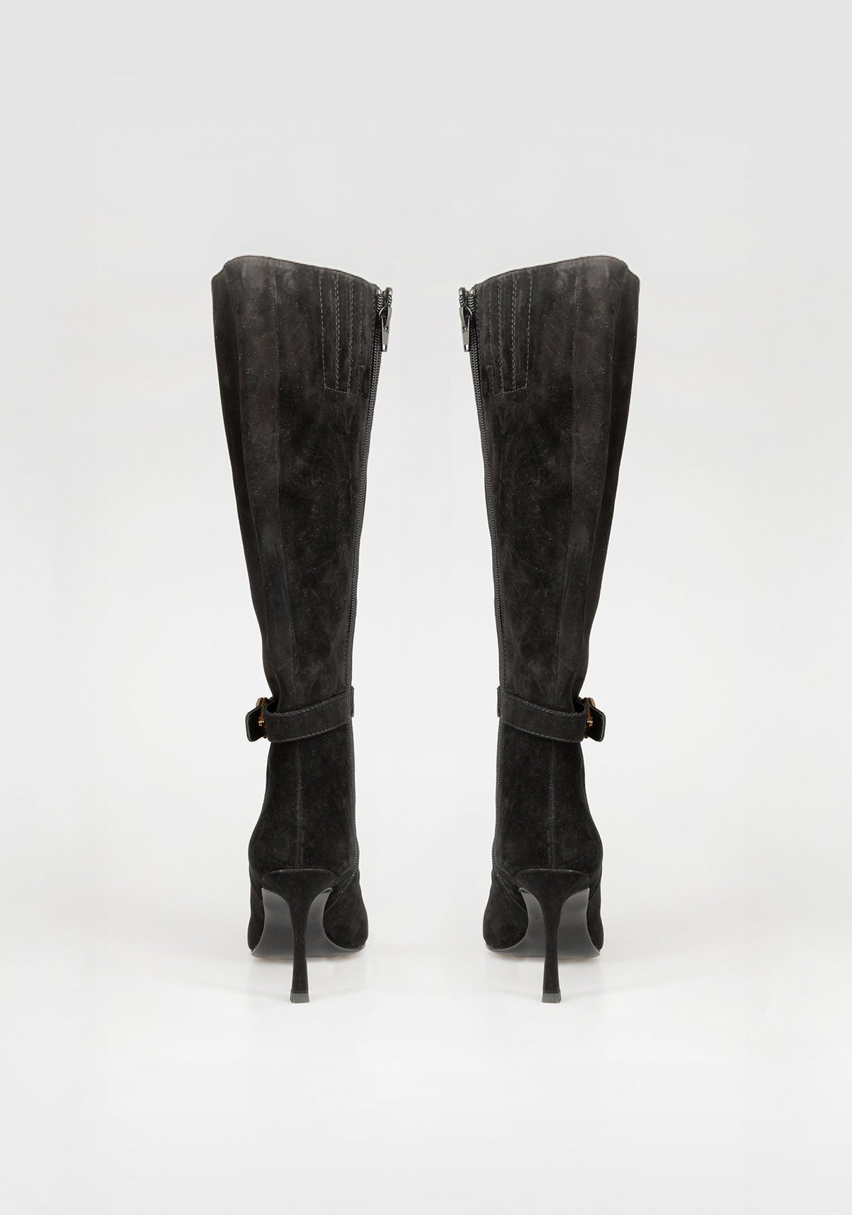 Suede Knee-High Boots with Heel and Jewel Buckle