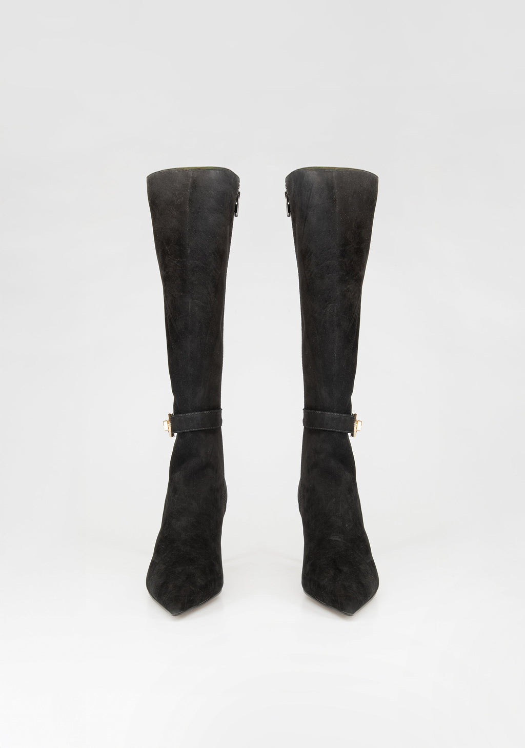 Suede Knee-High Boots with Heel and Jewel Buckle