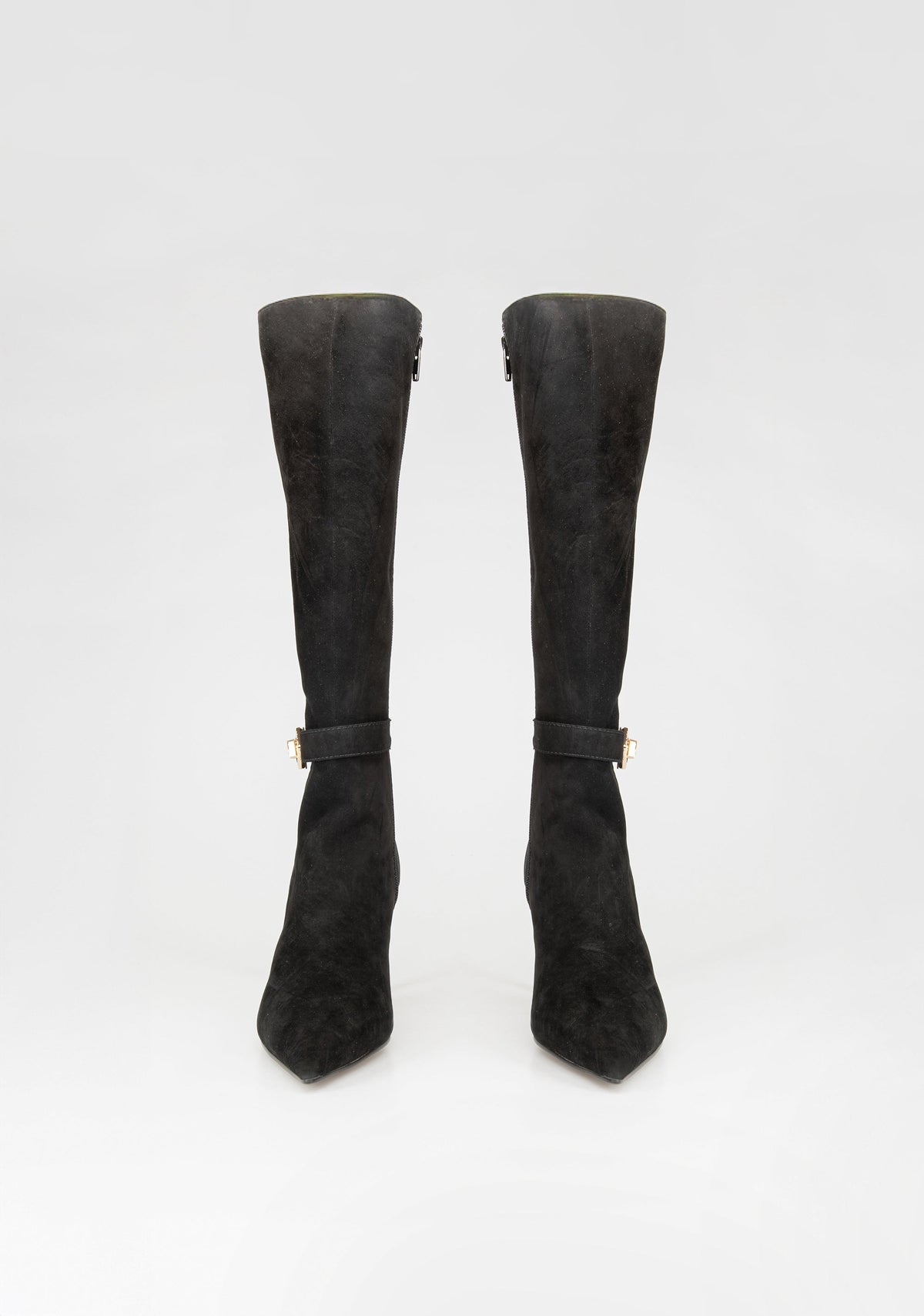 Suede Knee-High Boots with Heel and Jewel Buckle