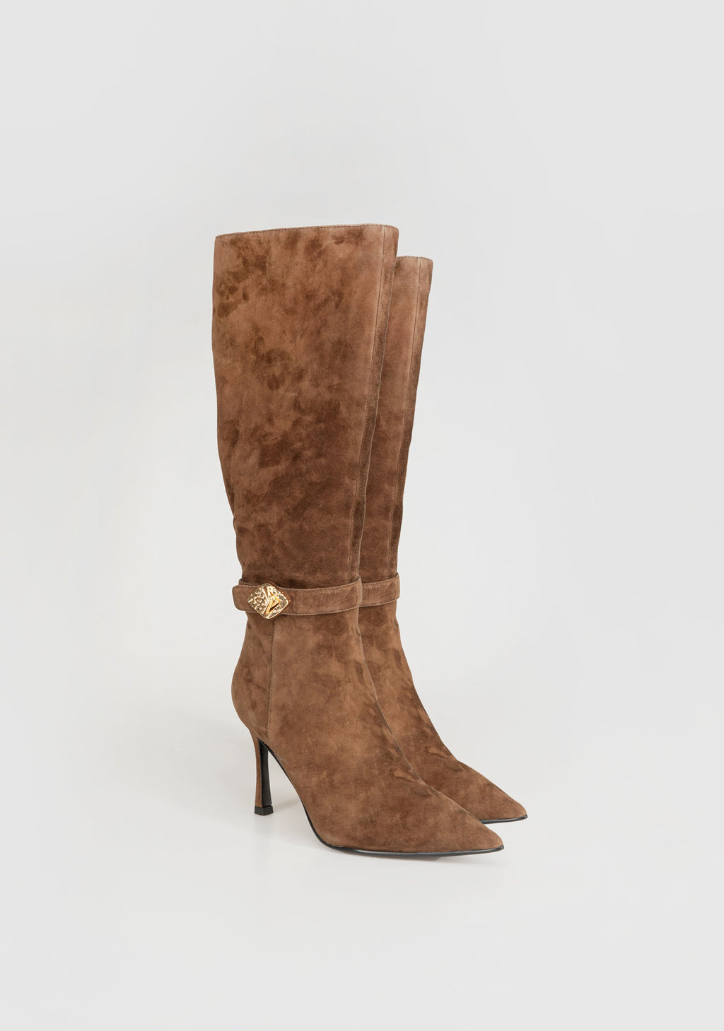 Suede Knee-High Boots with Heel and Jewel Buckle