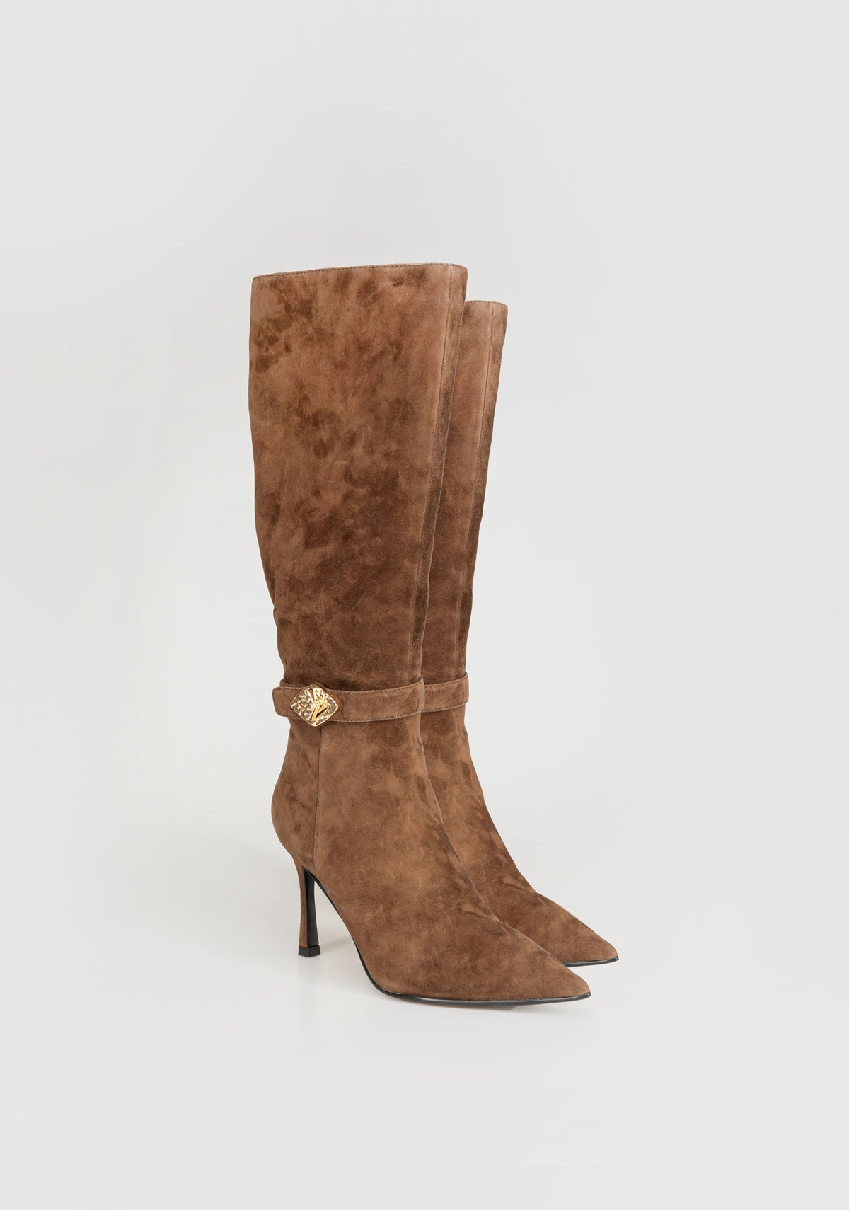 Suede Knee-High Boots with Heel and Jewel Buckle