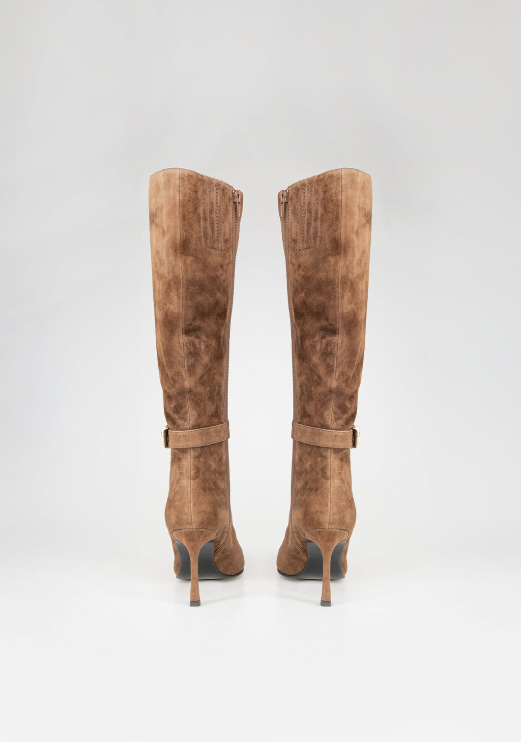 Suede Knee-High Boots with Heel and Jewel Buckle