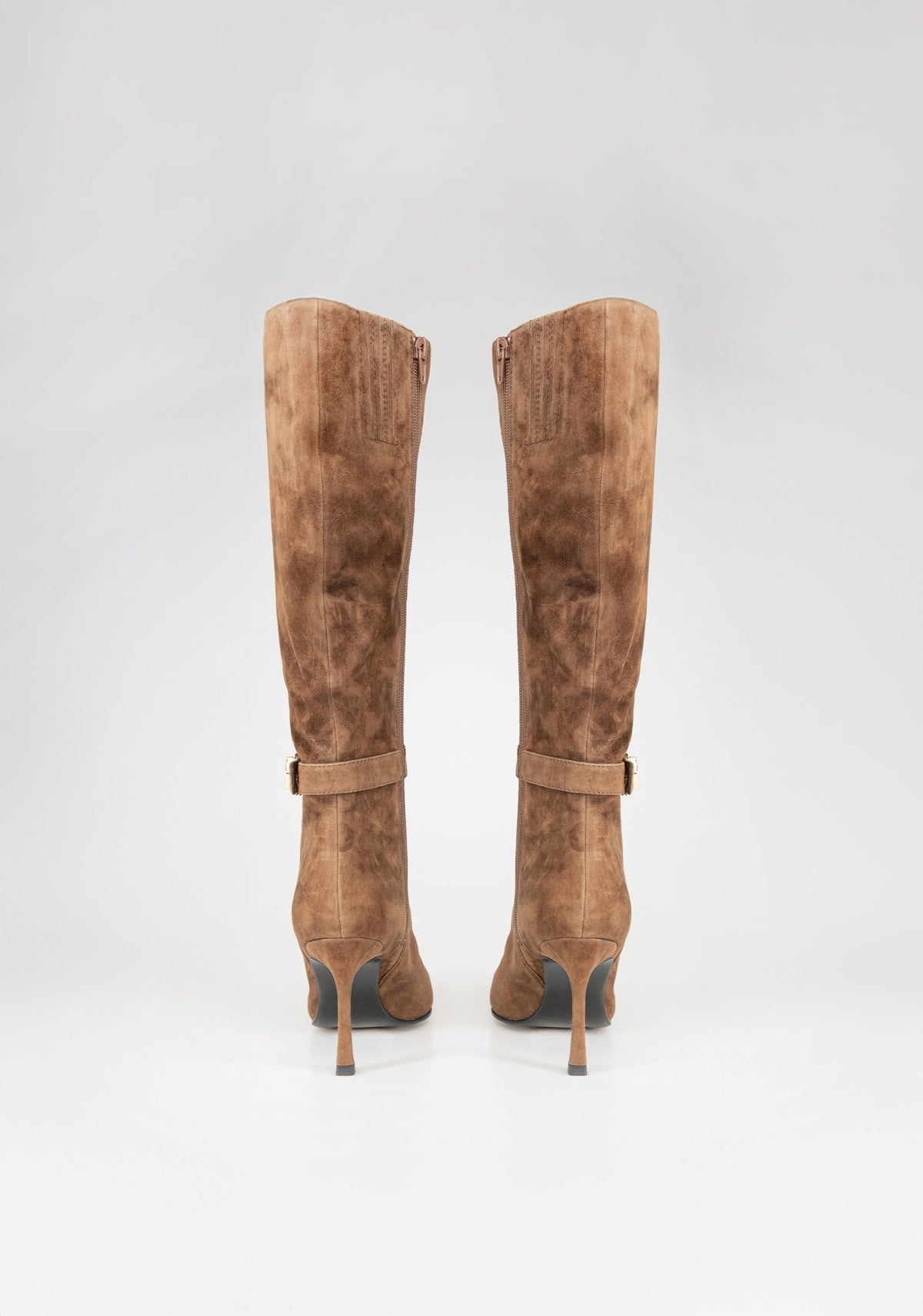 Suede Knee-High Boots with Heel and Jewel Buckle