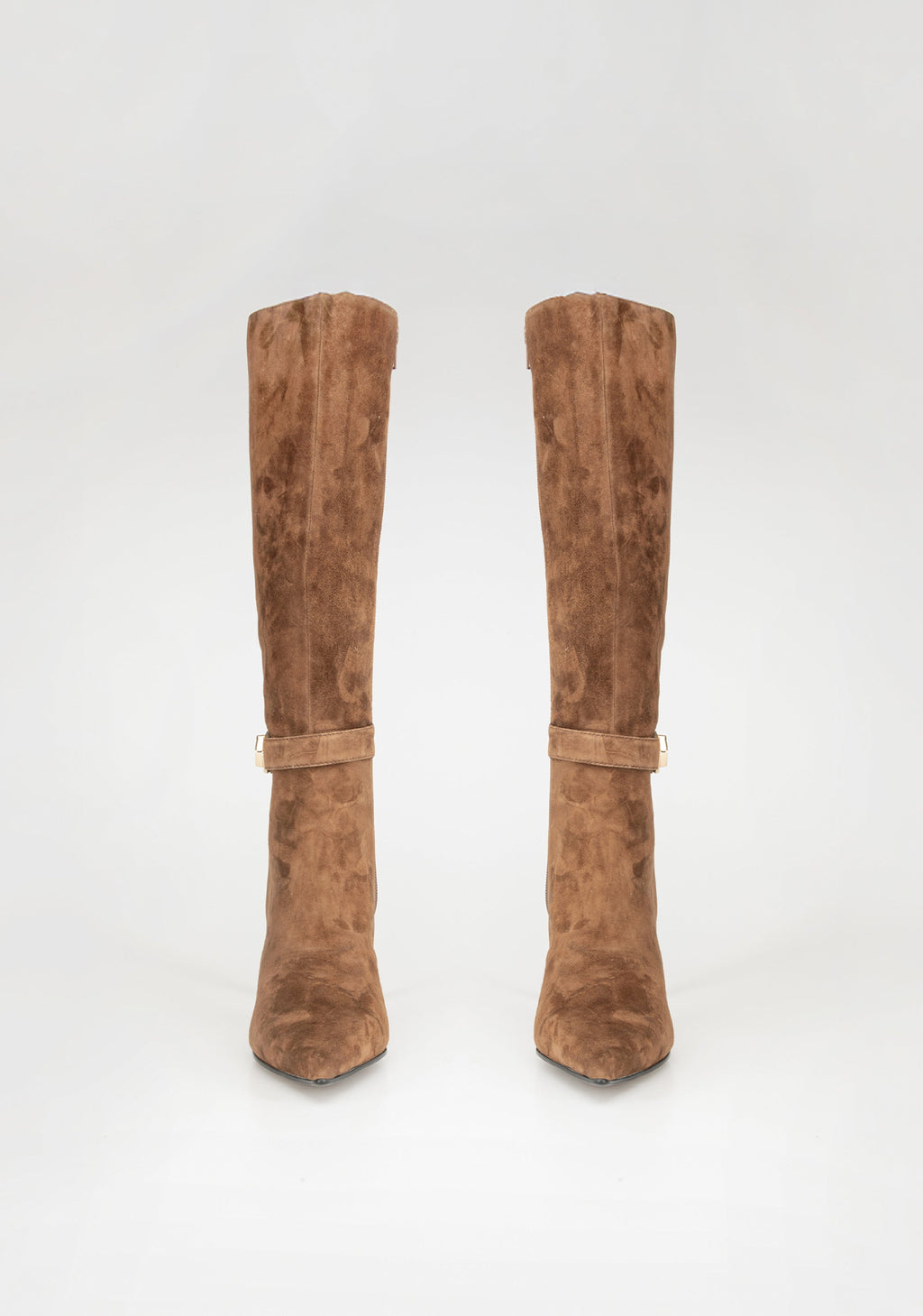 Suede Knee-High Boots with Heel and Jewel Buckle