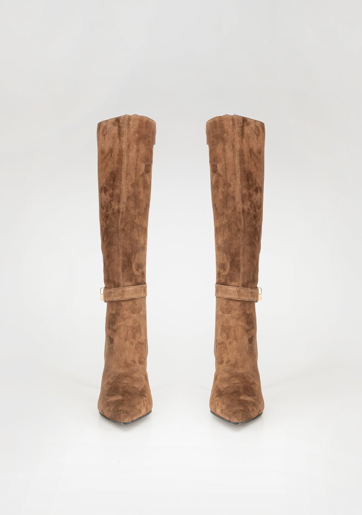 Suede Knee-High Boots with Heel and Jewel Buckle
