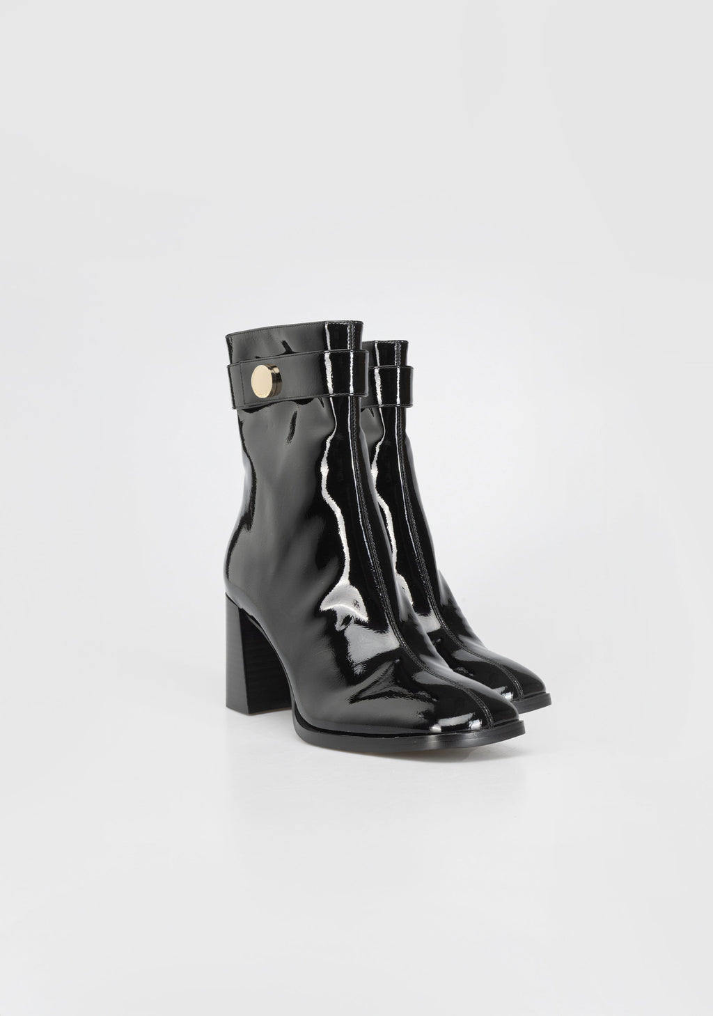 Glamorous Patent Leather Ankle Boots with Block Heel and Gold Detail