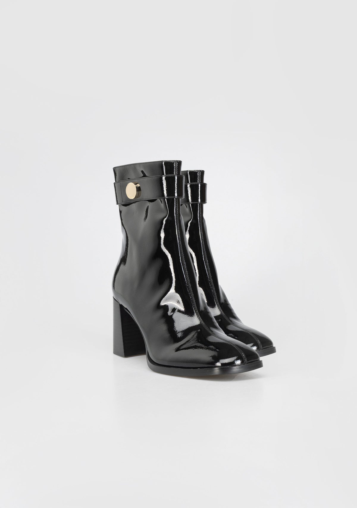 Glamorous Patent Leather Ankle Boots with Block Heel and Gold Detail