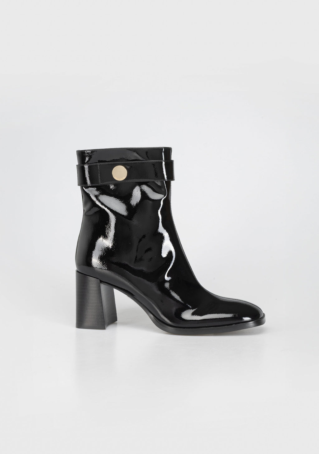 Glamorous Patent Leather Ankle Boots with Block Heel and Gold Detail