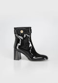 Glamorous Patent Leather Ankle Boots with Block Heel and Gold Detail