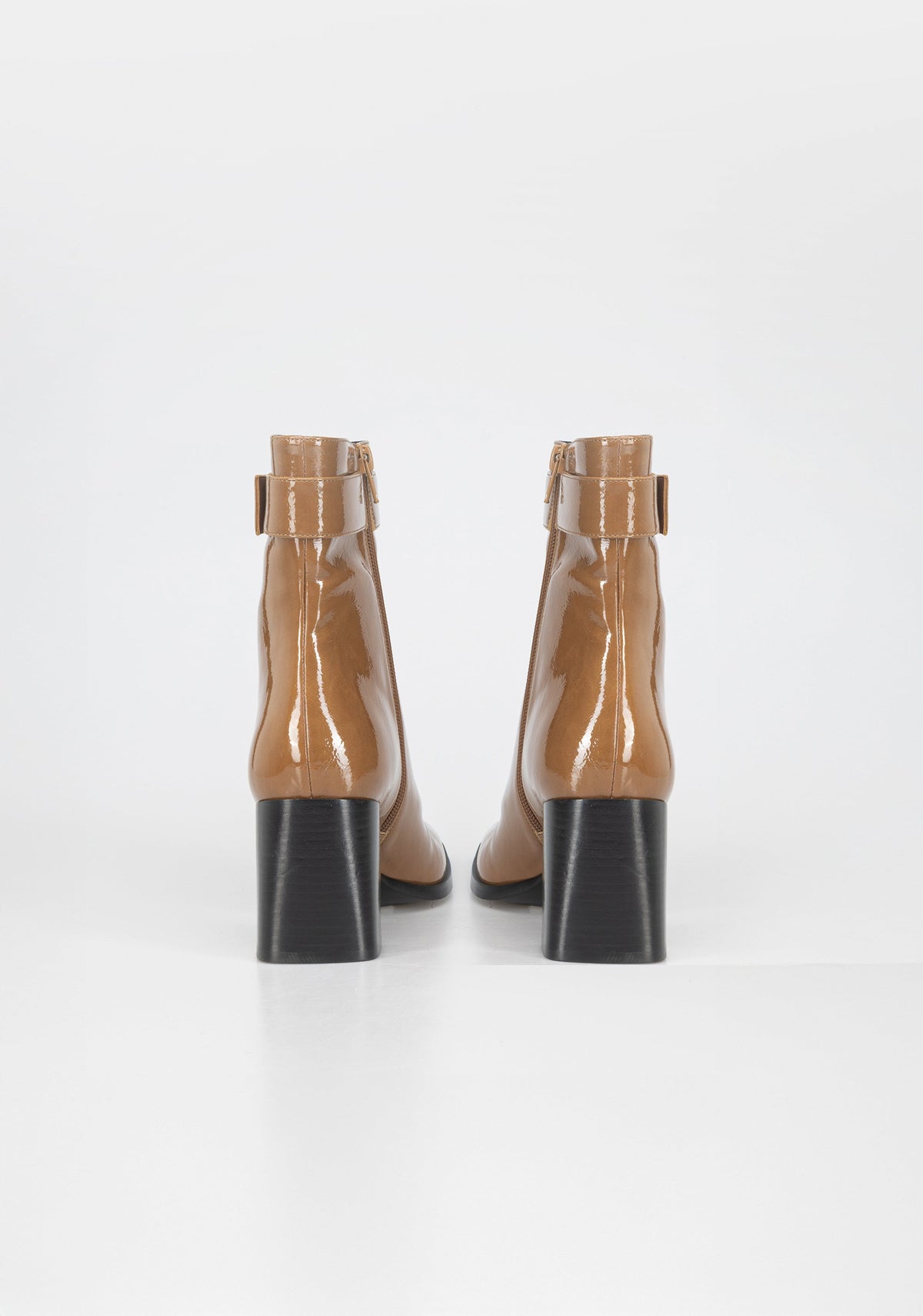Glamorous Patent Leather Ankle Boots with Block Heel and Gold Detail