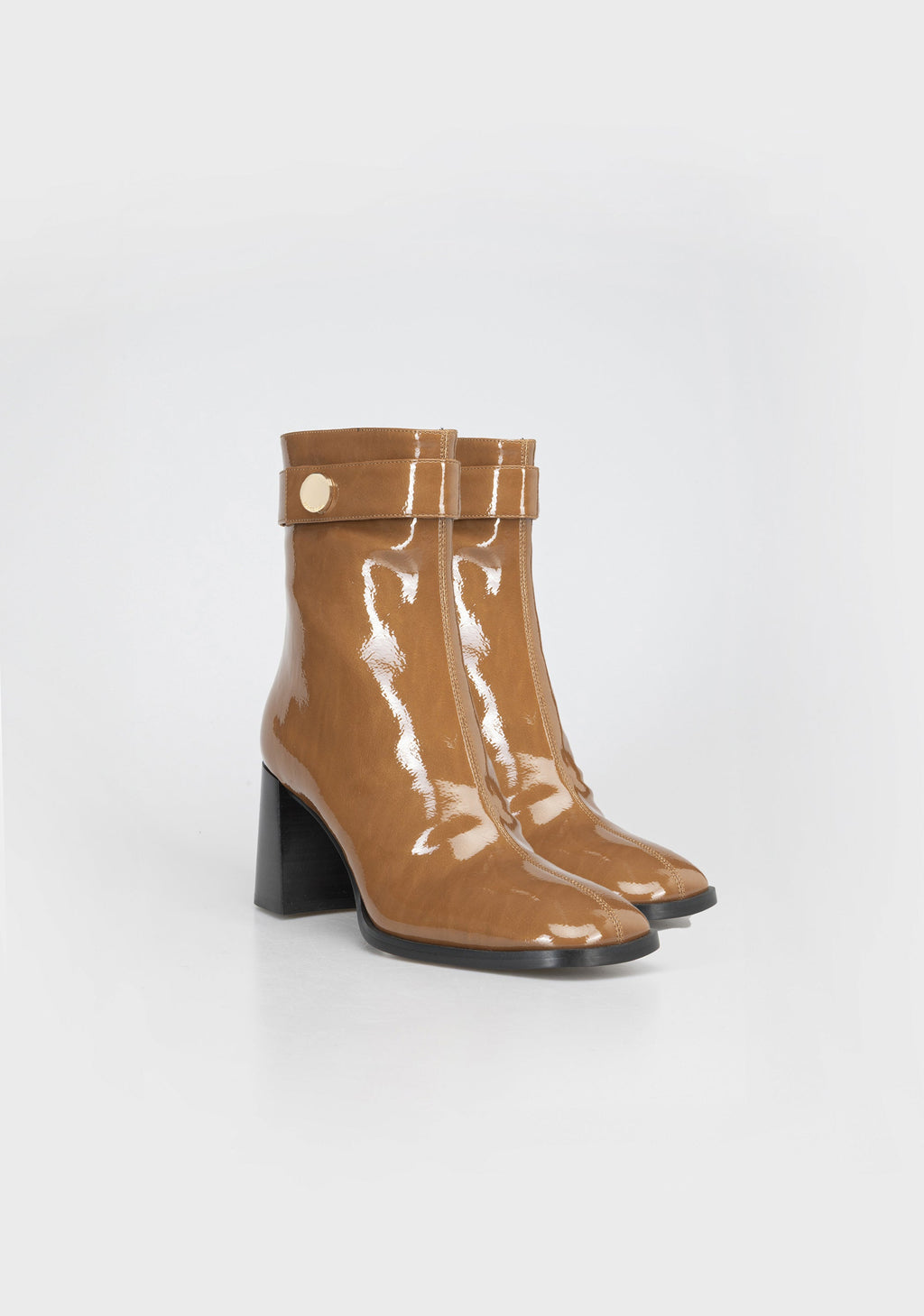 Glamorous Patent Leather Ankle Boots with Block Heel and Gold Detail