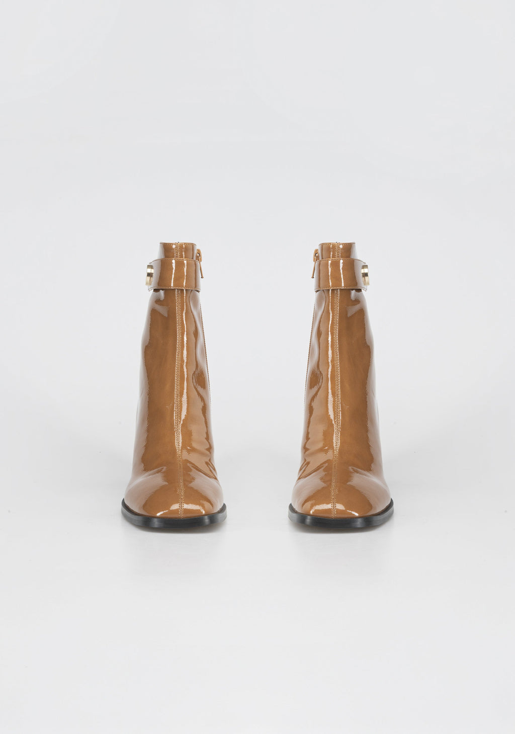 Glamorous Patent Leather Ankle Boots with Block Heel and Gold Detail