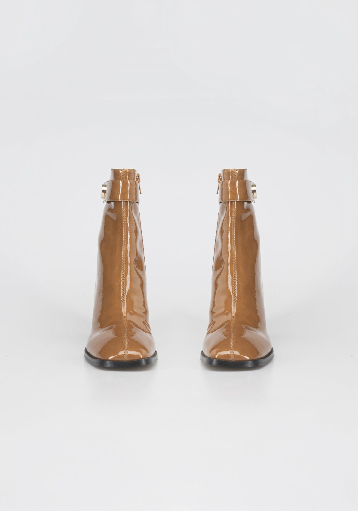Glamorous Patent Leather Ankle Boots with Block Heel and Gold Detail