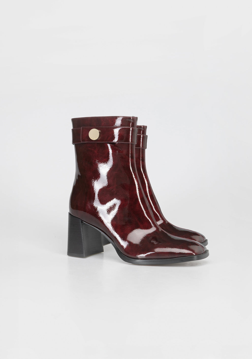 Glamorous Patent Leather Ankle Boots with Block Heel and Gold Detail