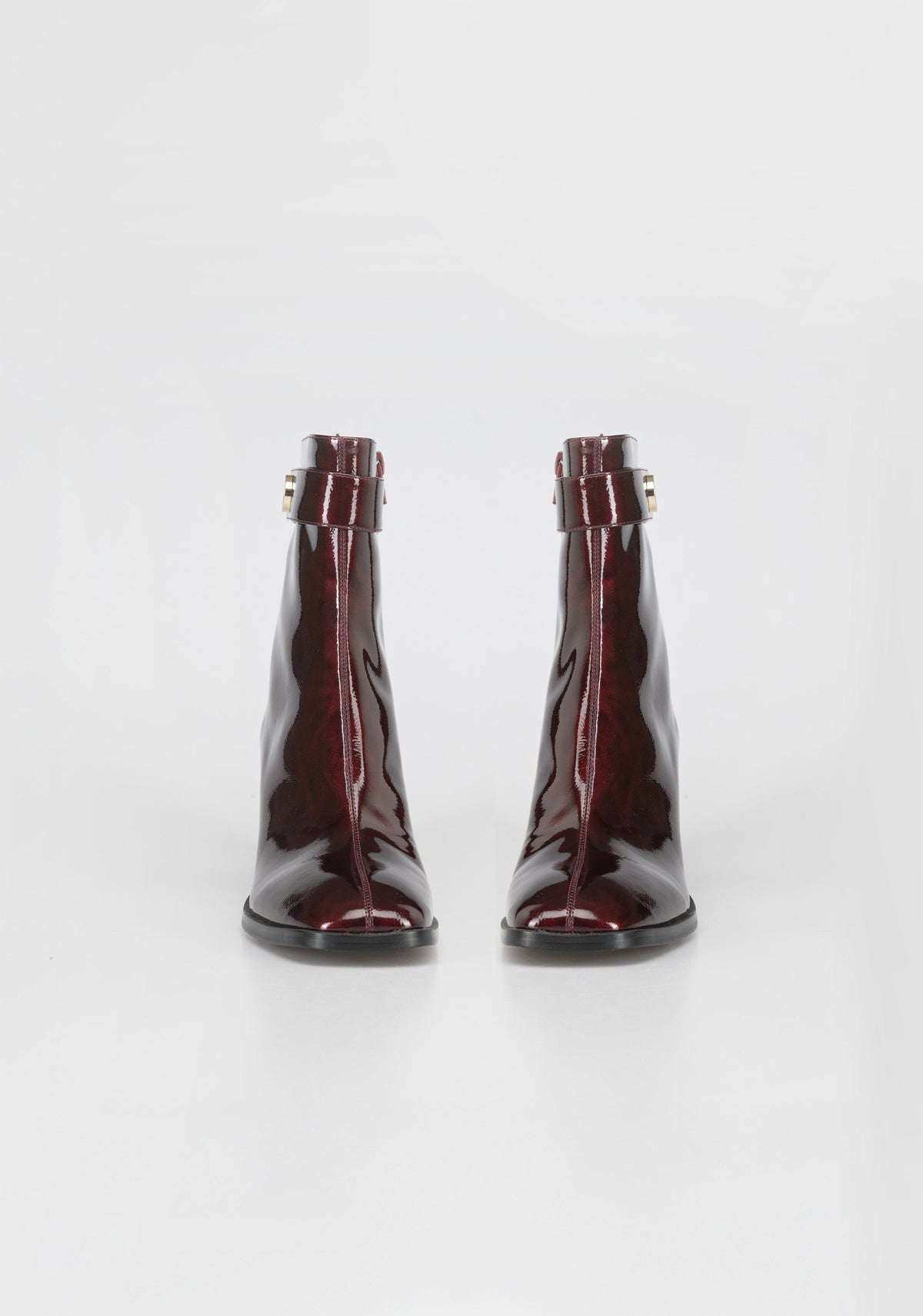 Glamorous Patent Leather Ankle Boots with Block Heel and Gold Detail