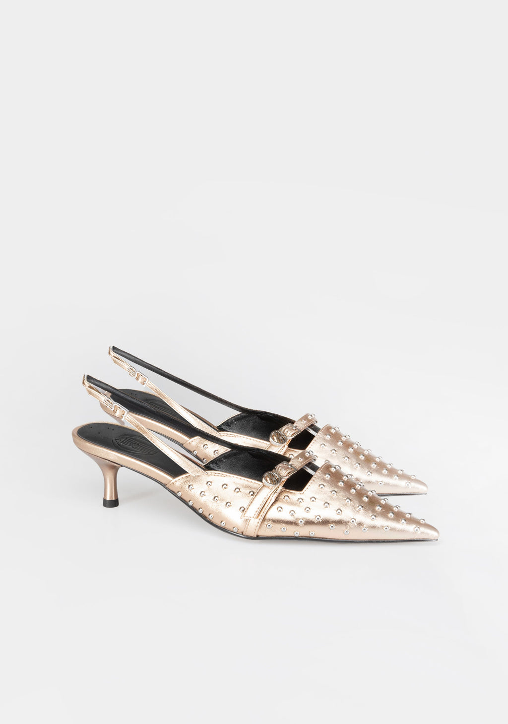 Pointed-Toe Slingbacks with Metallic Studs and Kitten Heel
