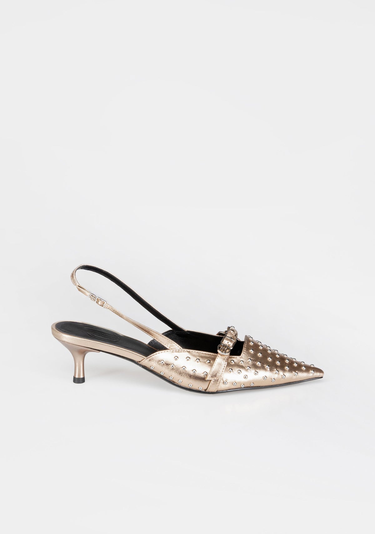 Pointed-Toe Slingbacks with Metallic Studs and Kitten Heel