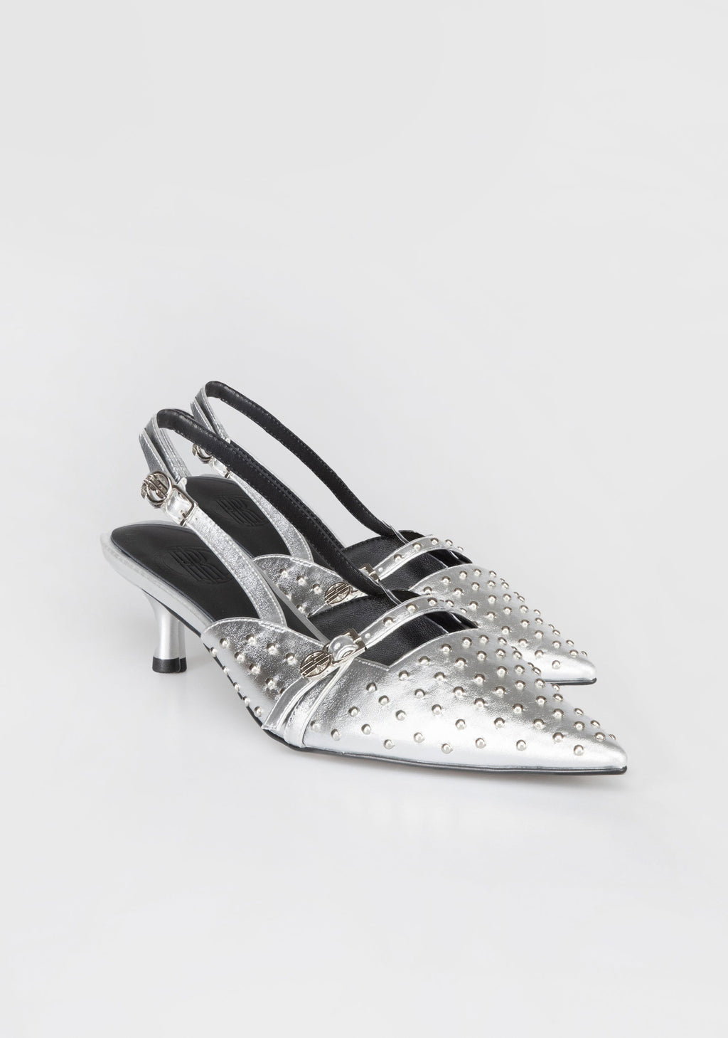 Pointed-Toe Slingbacks with Metallic Studs and Kitten Heel