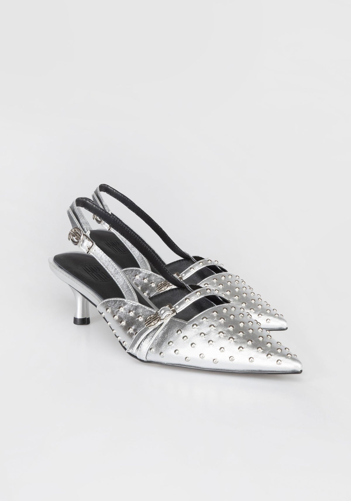 Pointed-Toe Slingbacks with Metallic Studs and Kitten Heel