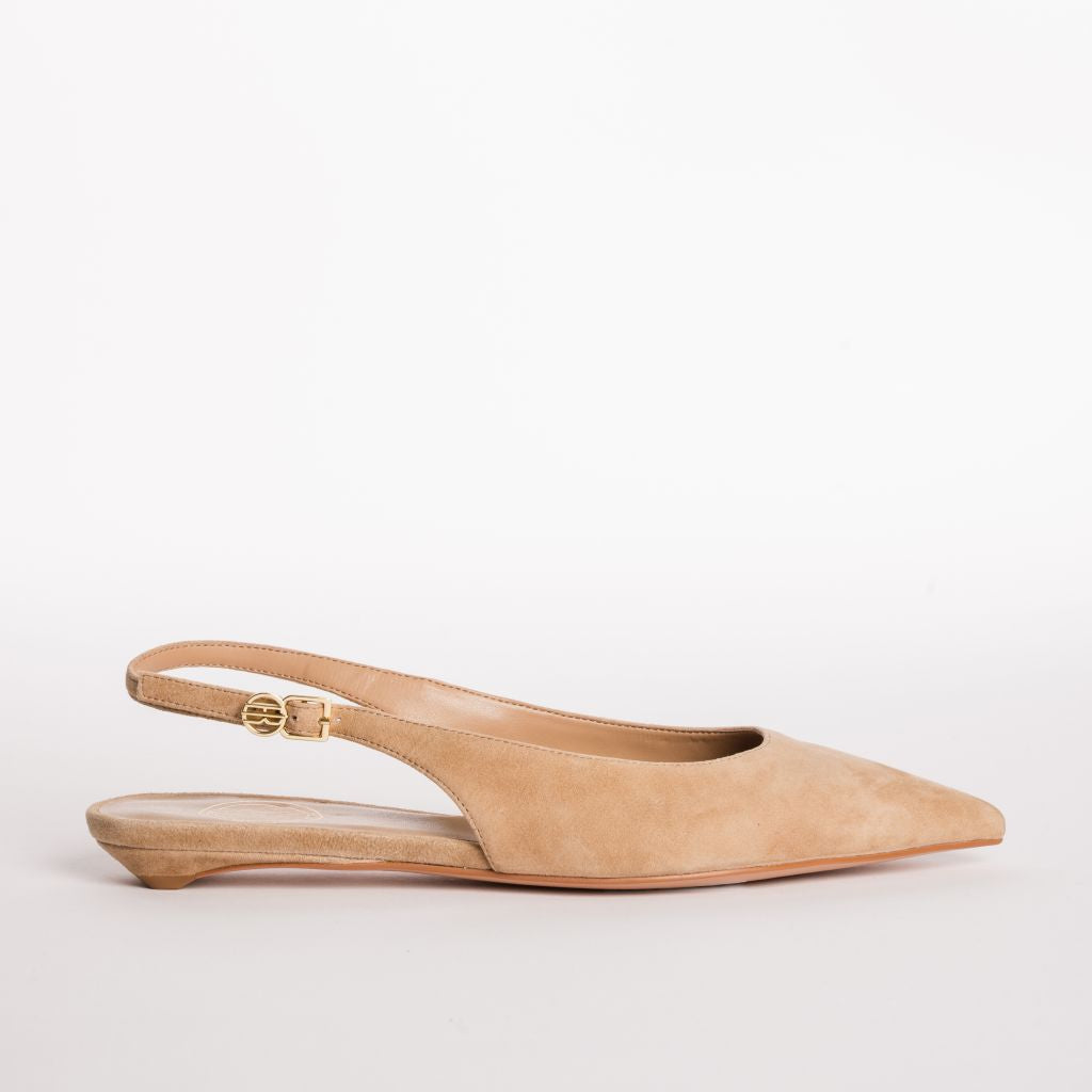 Pointed-Toe Suede-Finish Slingback Pumps with Kitten Heel