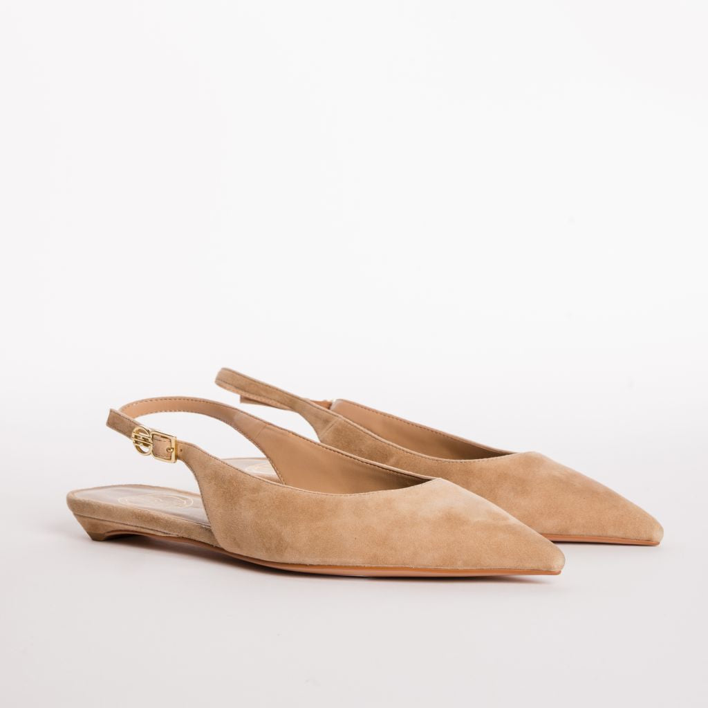 Pointed-Toe Suede-Finish Slingback Pumps with Kitten Heel
