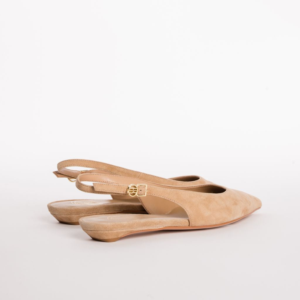 Pointed-Toe Suede-Finish Slingback Pumps with Kitten Heel
