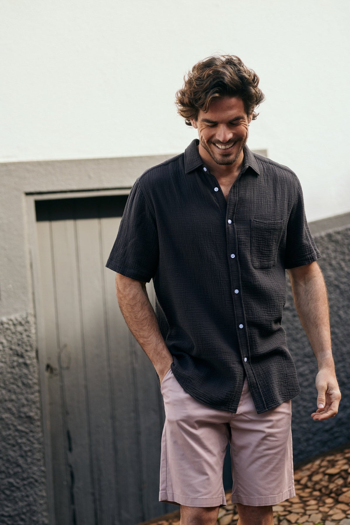 Pablo Camisa de Manga corta Gris y Marrón liso
